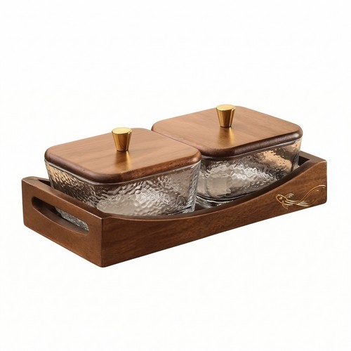 Wooden tray with glass bowls - wooden,